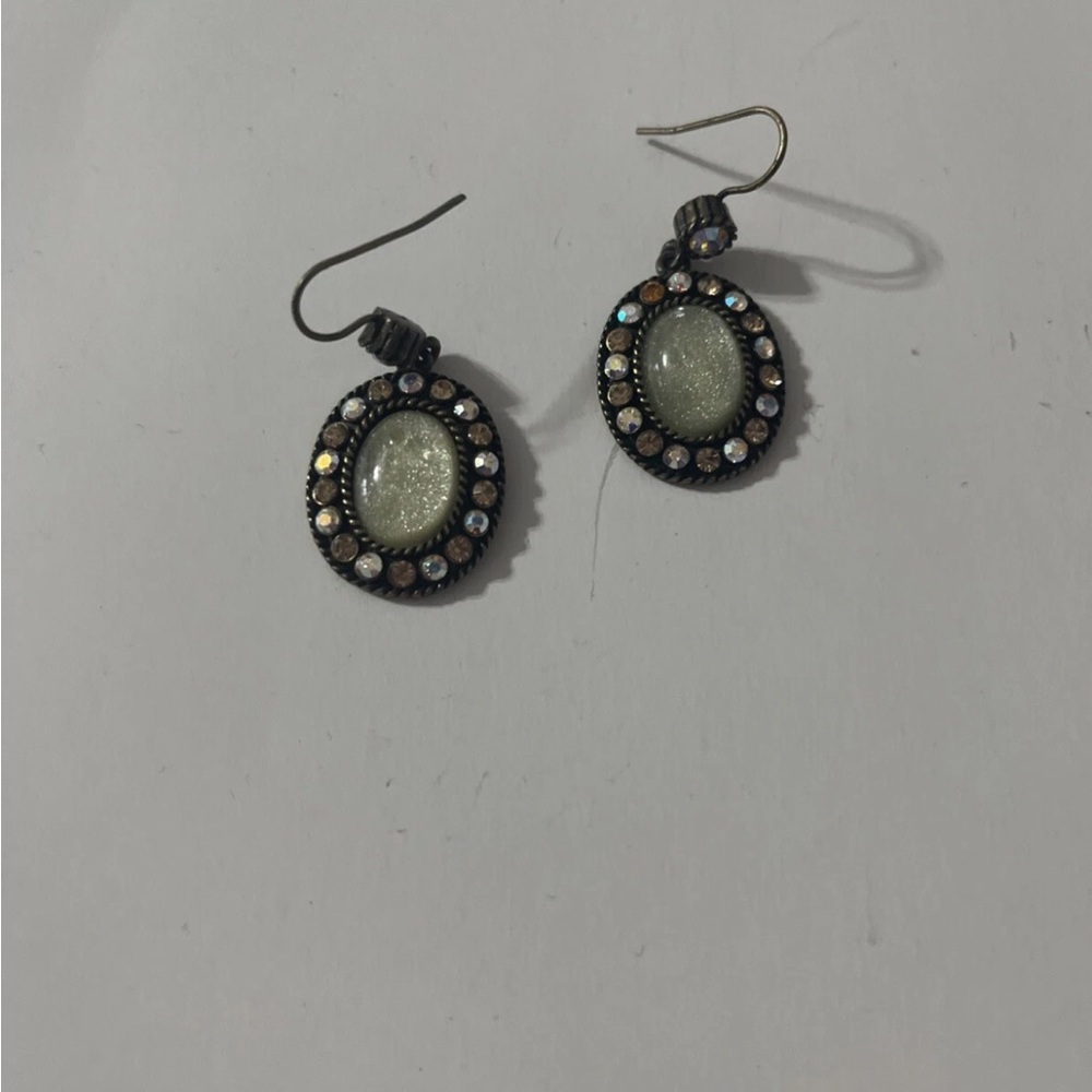 Avon Bronze-tone Simulated Green Opal Rhinestone Pierced Dangle Earrings